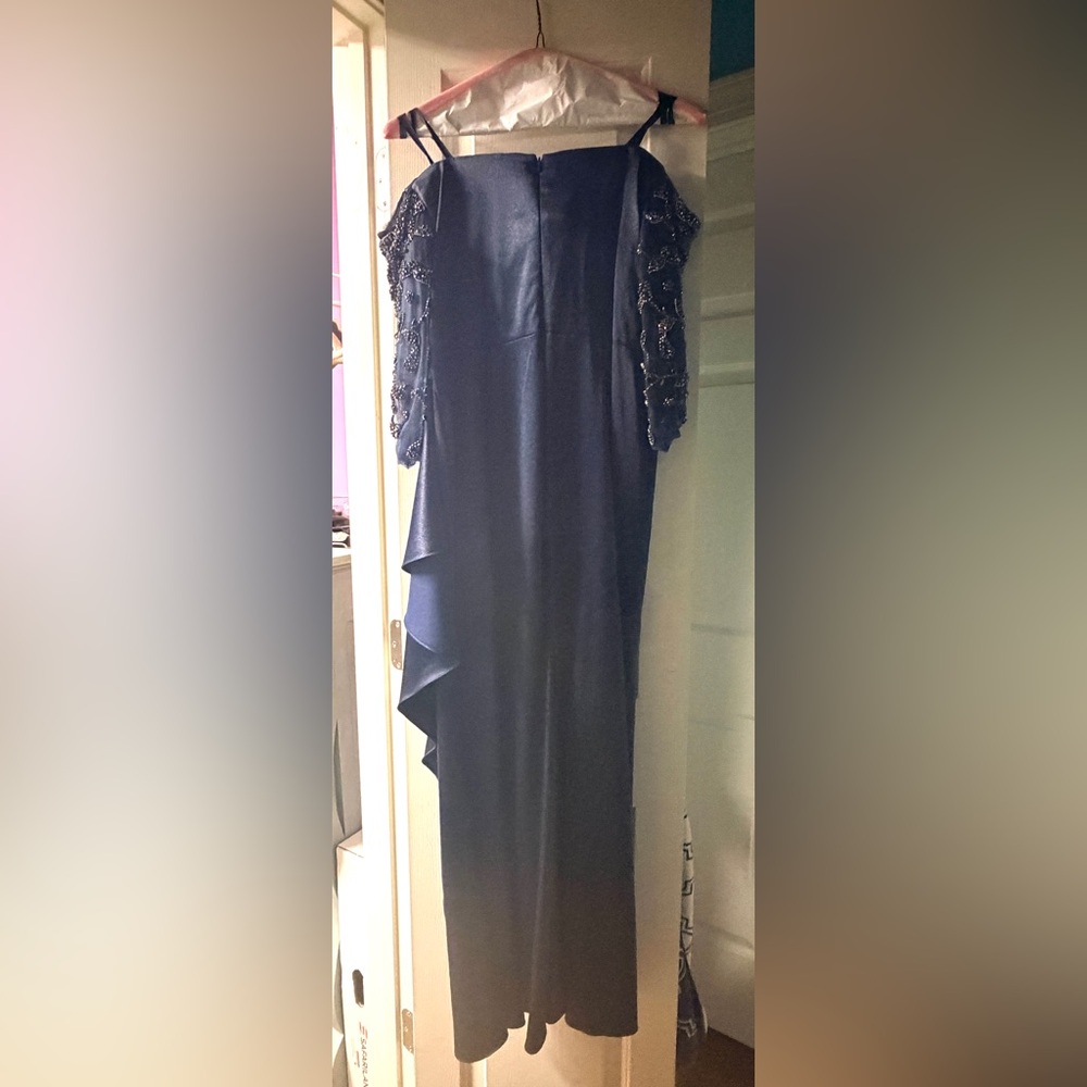 Elegant Marsoni Off-Shoulder Navy Dress with Embellished Sleeves - Picture 4 of 5